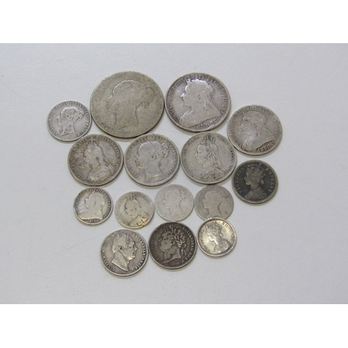 28 - Victorian silver halfcrown, florin, shillings x 4, sixpence, threepence x 4; India quarter rupee, & ... 