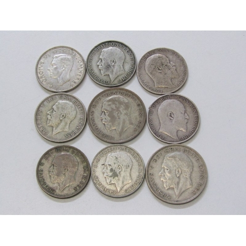 29 - Pre-1947 silver half crowns x 2, florins x 7 in mixed grades, 107 grams approx. 