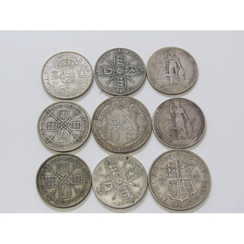 29 - Pre-1947 silver half crowns x 2, florins x 7 in mixed grades, 107 grams approx. 