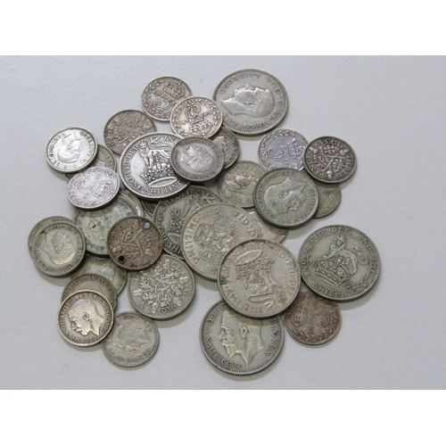 30 - Pre-1947 silver shillings x 7, sixpences x 6 & threepences x 23 in mixed grades, 86 grams approx.