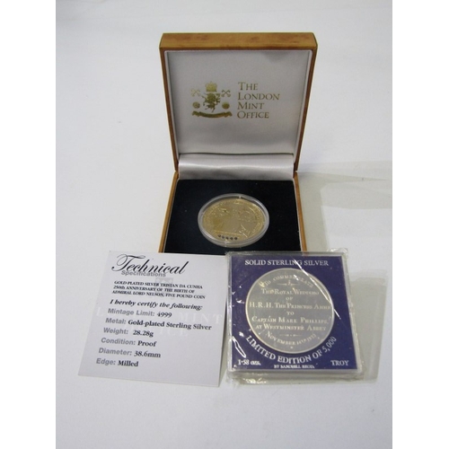 32 - 2008 TDC Gold-plated silver proof 5 pounds commemorating the birth of Admiral Lord Nelson.  Capsuled... 