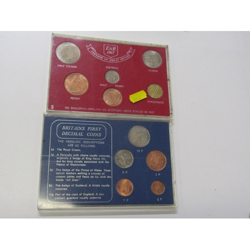 33 - Small file box containing 1967 6-coin set; 1970 8-coin Royal Mint set; Britain’s 1st Decimal 5-coin ... 