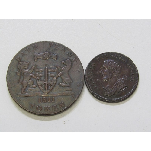 36 - Somerset Bath Copper Tokens x 2: 1794 Farthing, King Bladud crowned and bearded bust with bow across... 