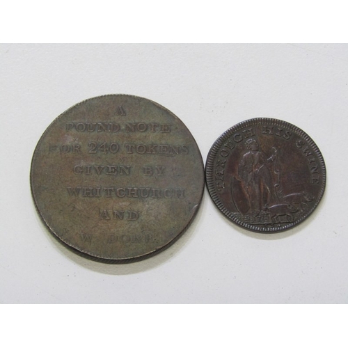 36 - Somerset Bath Copper Tokens x 2: 1794 Farthing, King Bladud crowned and bearded bust with bow across... 