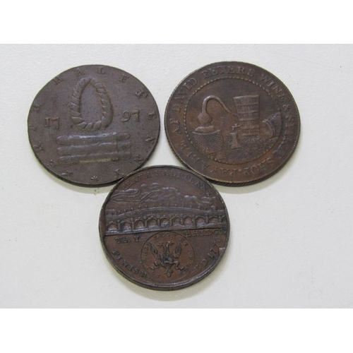 37 - Perth Halfpenny Copper Tokens x 3: circa 1770 Ferrier's Tay Bridge, salmon fisherman dragging a net ... 