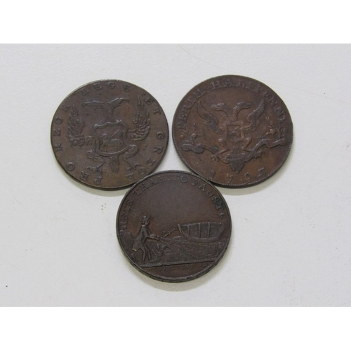 37 - Perth Halfpenny Copper Tokens x 3: circa 1770 Ferrier's Tay Bridge, salmon fisherman dragging a net ... 