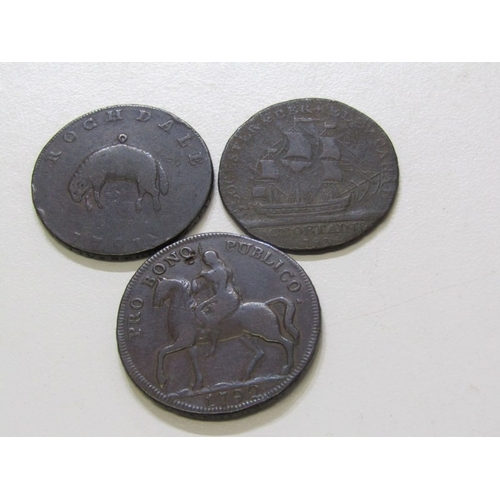 41 - Halfpenny copper tokens x 3: 1792 Warwickshire Coventry o: Lady Godiva on horseback r: Elephant and ... 