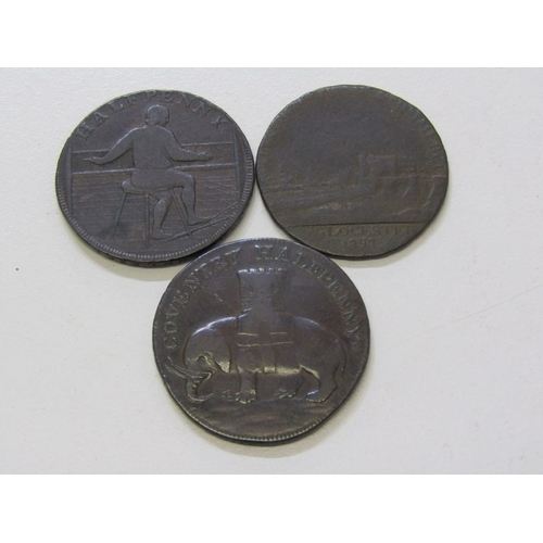 41 - Halfpenny copper tokens x 3: 1792 Warwickshire Coventry o: Lady Godiva on horseback r: Elephant and ... 