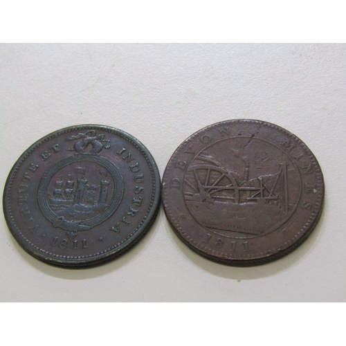 43 - 1811 Penny Copper Tokens x 2: Devon Mines Tavistock o: view of the mine offices, mining engine house... 