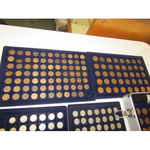 45 -  An aluminium 5-tray coin case in good condition, containing pre-1947 silver sixpences x 9 & threepe... 