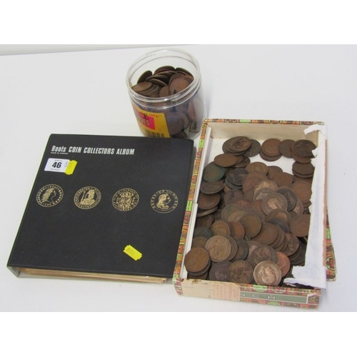 46 - A Boots coin album of 19th/20th Century pennies & halfpennies etc., a cigar box of 19th/20th Century... 