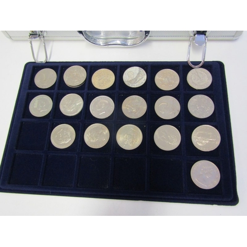 47 - An aluminium coin case in good condition, containing 2 trays of 5 pound crowns x 8, 1951 FoB crown &... 