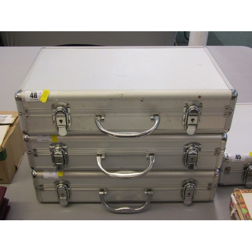 48 - Aluminium coin cases x 3, containing pre-1947 half crowns x 3 & florins x 3 (75 grams approx.); nick... 