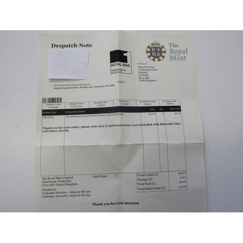 5 - 2014 Elizabeth II Fine Gold Proof Britannia 50 Pence.  Obv: Queen Elizabeth II; Rev: Britannia stand... 