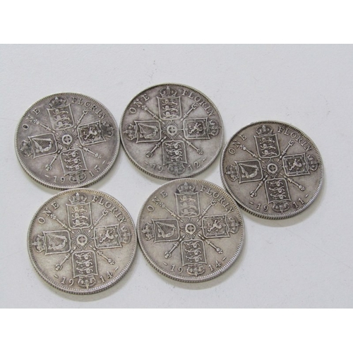 57 - Pre-1920 silver florins x 5, in mixed grades, 56 grams approx