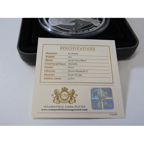 9 - 2012 Australia Fine Silver Proof 5 ounce Koala 8 Dollars..  Capsuled in Perth Mint bespoke presentat... 
