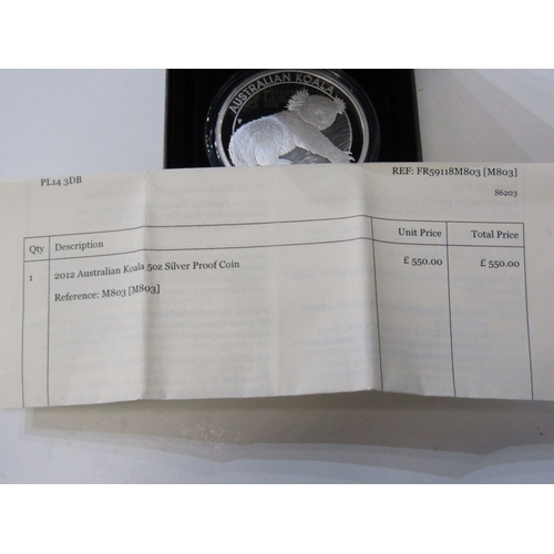 9 - 2012 Australia Fine Silver Proof 5 ounce Koala 8 Dollars..  Capsuled in Perth Mint bespoke presentat... 