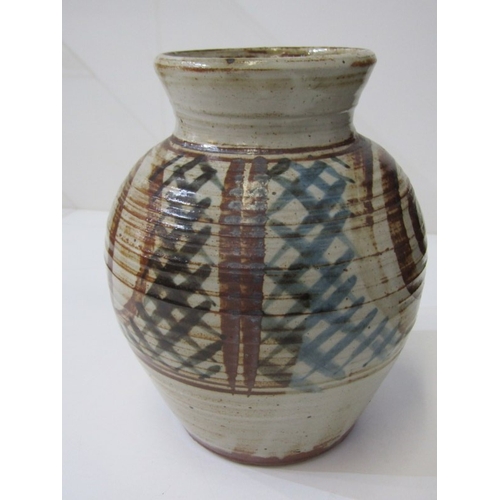 6 - WENFORD BRIDGE STUDIO POTTERY VASE, an earthenware vase with incised sgraffito crosses and swirl des... 