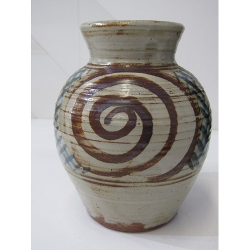 6 - WENFORD BRIDGE STUDIO POTTERY VASE, an earthenware vase with incised sgraffito crosses and swirl des... 