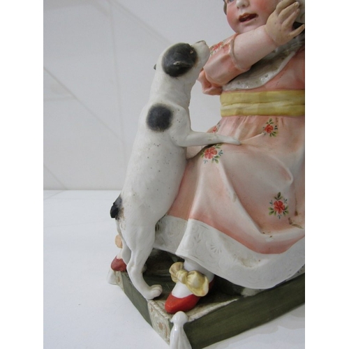 13 - BISQUE PORCELAIN FIGURE, a late 19th Century German bisque porcelain figurine of a girl with dog (re... 