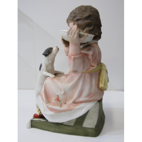 13 - BISQUE PORCELAIN FIGURE, a late 19th Century German bisque porcelain figurine of a girl with dog (re... 