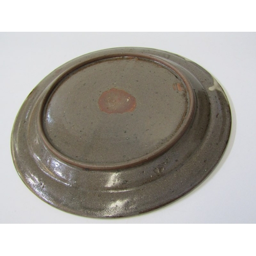 27 - WENFORD BRIDGE POTTERY PLATES,  2 earthenware plates, both with incised and sgraffito scrolling deco... 