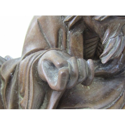 1 - ORIENTAL CARVING, a Chinese carved wood sculpture depicting a seated bearded man with a young boy on... 