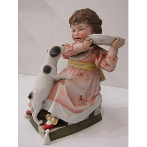 13 - BISQUE PORCELAIN FIGURE, a late 19th Century German bisque porcelain figurine of a girl with dog (re... 