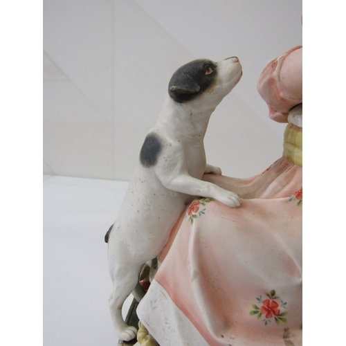 13 - BISQUE PORCELAIN FIGURE, a late 19th Century German bisque porcelain figurine of a girl with dog (re... 