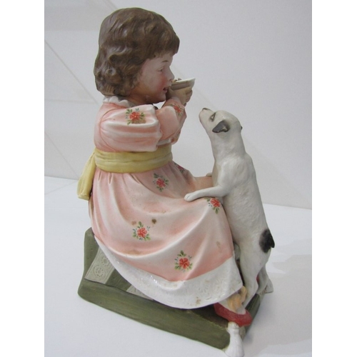 13 - BISQUE PORCELAIN FIGURE, a late 19th Century German bisque porcelain figurine of a girl with dog (re... 