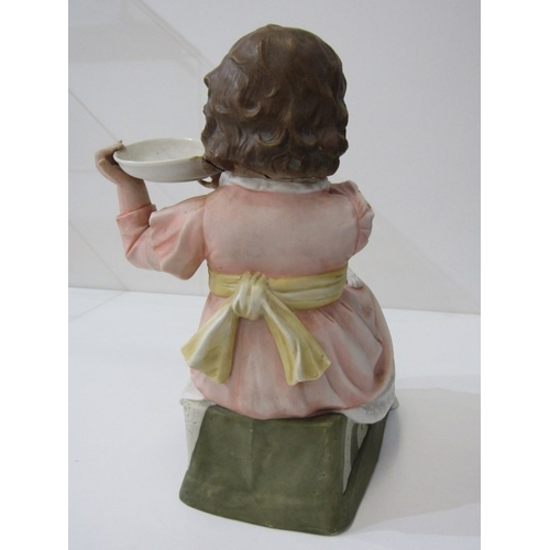 13 - BISQUE PORCELAIN FIGURE, a late 19th Century German bisque porcelain figurine of a girl with dog (re... 