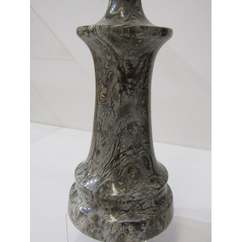 18 - CORNISH SERPENTINE, a Cornish serpentine lighthouse form table lamp base in mottled greens and brown... 