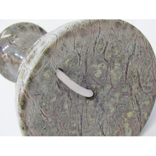 18 - CORNISH SERPENTINE, a Cornish serpentine lighthouse form table lamp base in mottled greens and brown... 