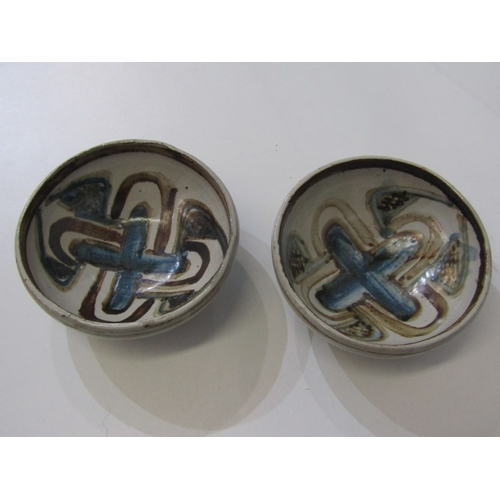 22 - WENFORD BRIDGE POTTERY, a Wenford Bridge pot and cover with scrolling brown and blue designs. Wenfor... 