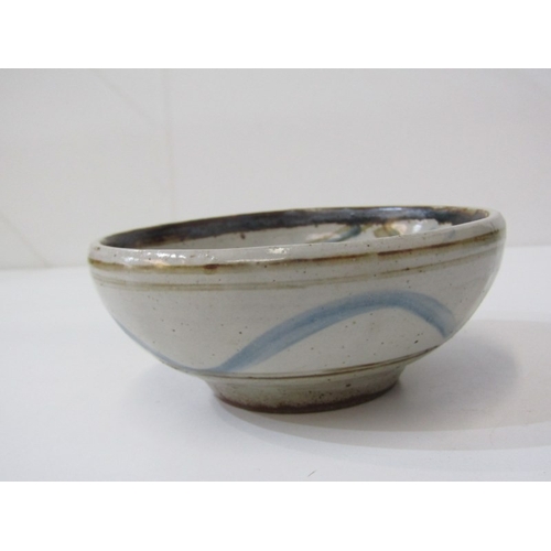 22 - WENFORD BRIDGE POTTERY, a Wenford Bridge pot and cover with scrolling brown and blue designs. Wenfor... 