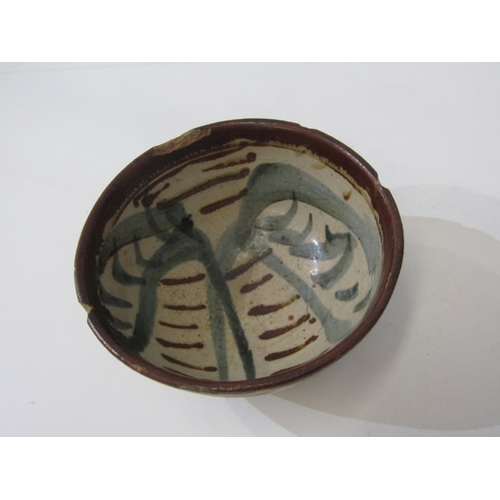 22 - WENFORD BRIDGE POTTERY, a Wenford Bridge pot and cover with scrolling brown and blue designs. Wenfor... 