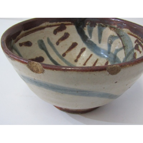22 - WENFORD BRIDGE POTTERY, a Wenford Bridge pot and cover with scrolling brown and blue designs. Wenfor... 