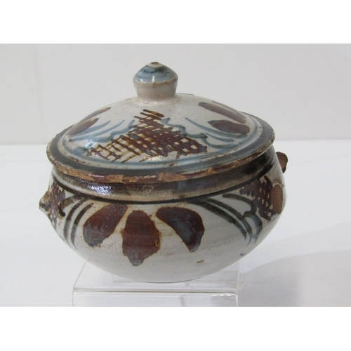 22 - WENFORD BRIDGE POTTERY, a Wenford Bridge pot and cover with scrolling brown and blue designs. Wenfor... 