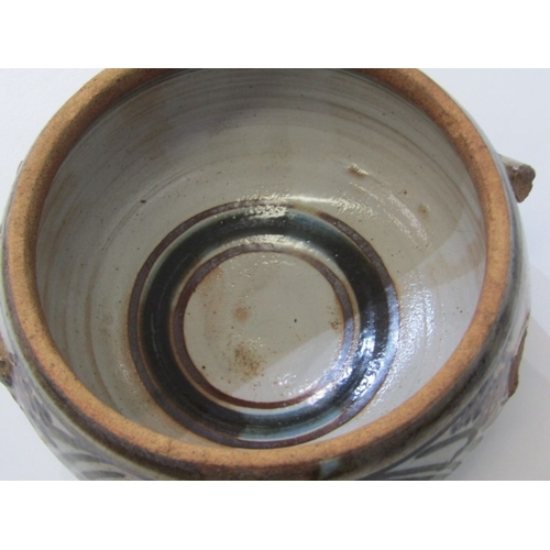 22 - WENFORD BRIDGE POTTERY, a Wenford Bridge pot and cover with scrolling brown and blue designs. Wenfor... 