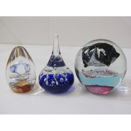 23 - GLASS PAPERWEIGHTS, 3 various glass paperweights, together with a stone ball on stand, another stone... 