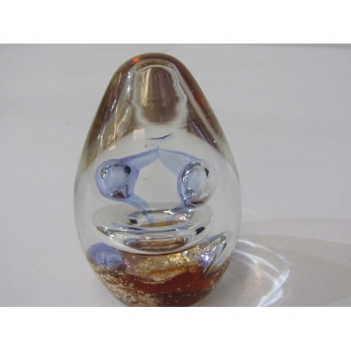 23 - GLASS PAPERWEIGHTS, 3 various glass paperweights, together with a stone ball on stand, another stone... 