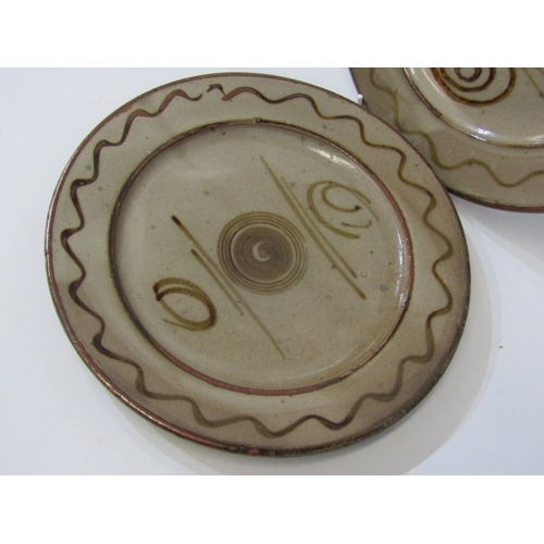 27 - WENFORD BRIDGE POTTERY PLATES,  2 earthenware plates, both with incised and sgraffito scrolling deco... 