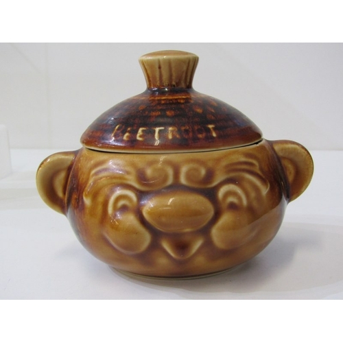3 - SYLVAC POTTERY, a Sylvac apple sauce jar and cover, a Sylvac beetroot jar and cover, another beetroo... 