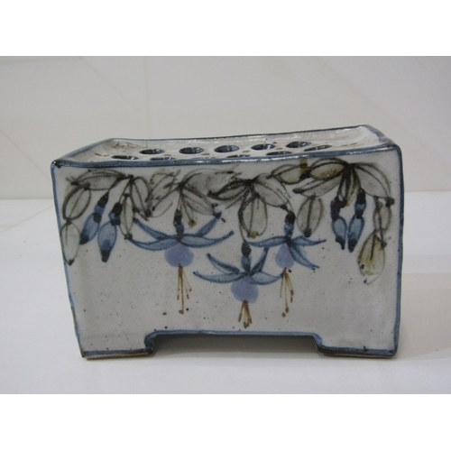 32 - FLOWER BRICK, a vintage ceramic flower brick, the rectangular body featuring painted blue, brown and... 