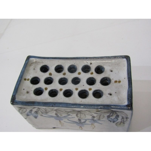 32 - FLOWER BRICK, a vintage ceramic flower brick, the rectangular body featuring painted blue, brown and... 