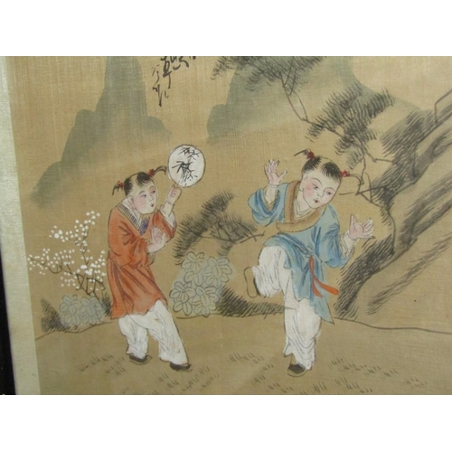 38 - ORIENTAL SILK PAINTING, a framed Japanese watercolour painting on silk. The stylised outdoor garden ... 