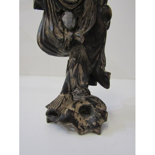 42 - ORIENTAL CARVINGS, a vintage Chinese carved wooden statue depicting a sage, such as Shou Xing, in th... 