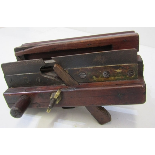 48 - ANTIQUE WOODEN PLANE, a French 19th century wooden screw arm plough plane, with threaded wooden stem... 