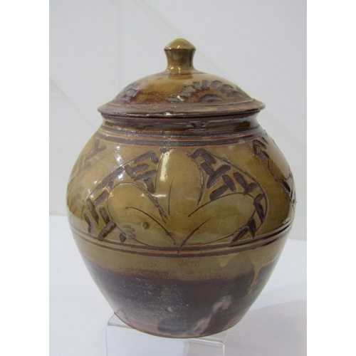 55 - WENFORD BRIDGE POTTERY, 2 Wenford Bridge pottery jars and covers, both with incised brown floral and... 