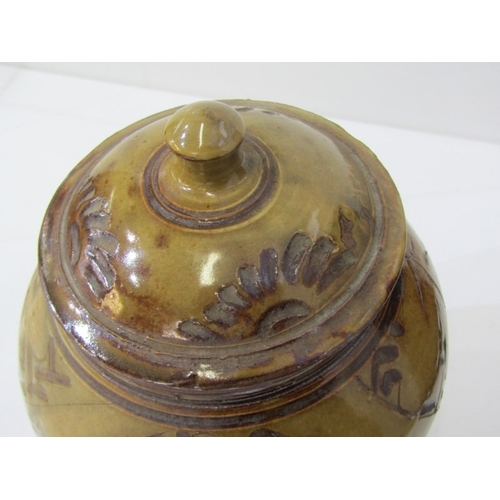 55 - WENFORD BRIDGE POTTERY, 2 Wenford Bridge pottery jars and covers, both with incised brown floral and... 